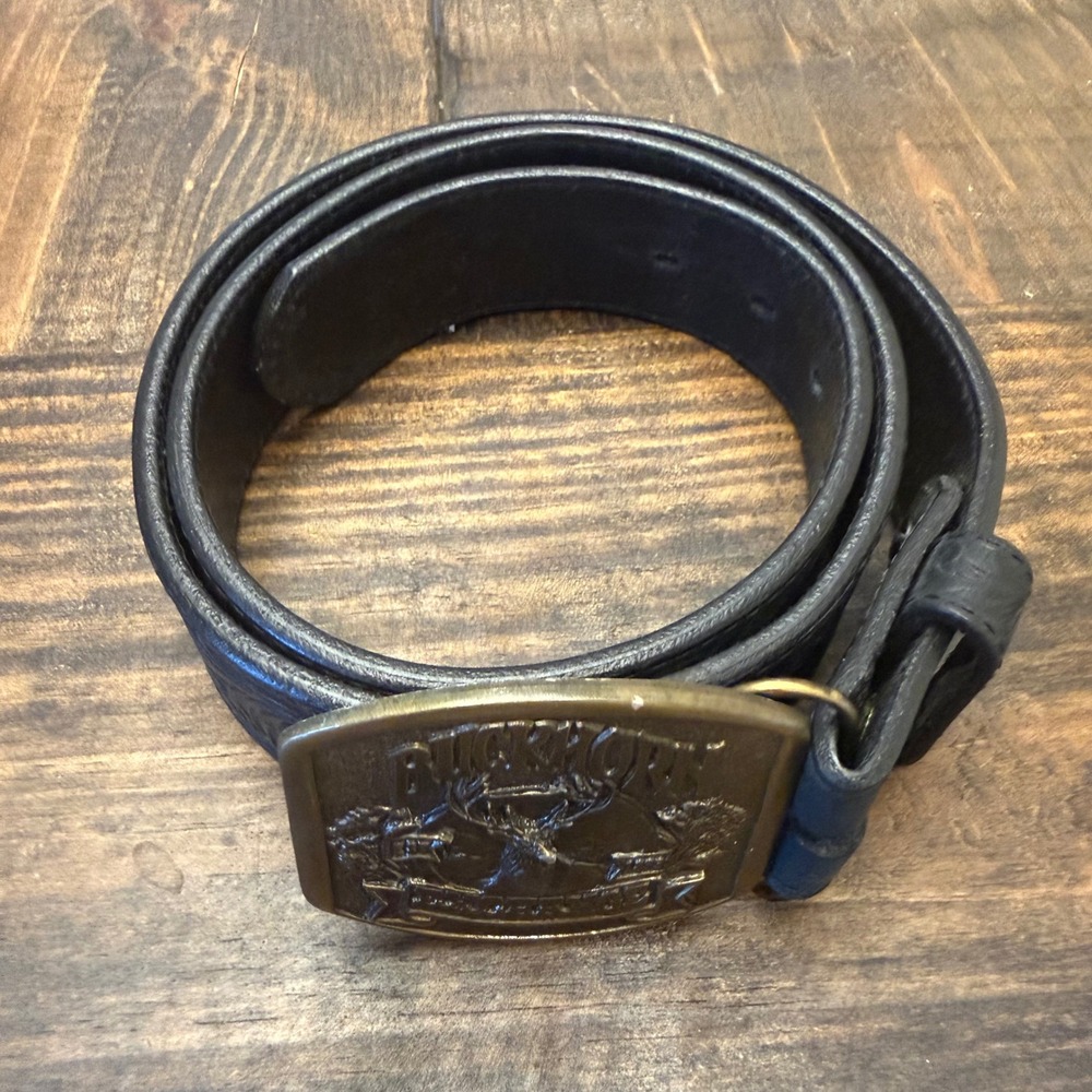 VTG Silver Creek Black Tooled Leather Belt Buckhorn Exchange Buckle Size 36 USA - Picture 2 of 7